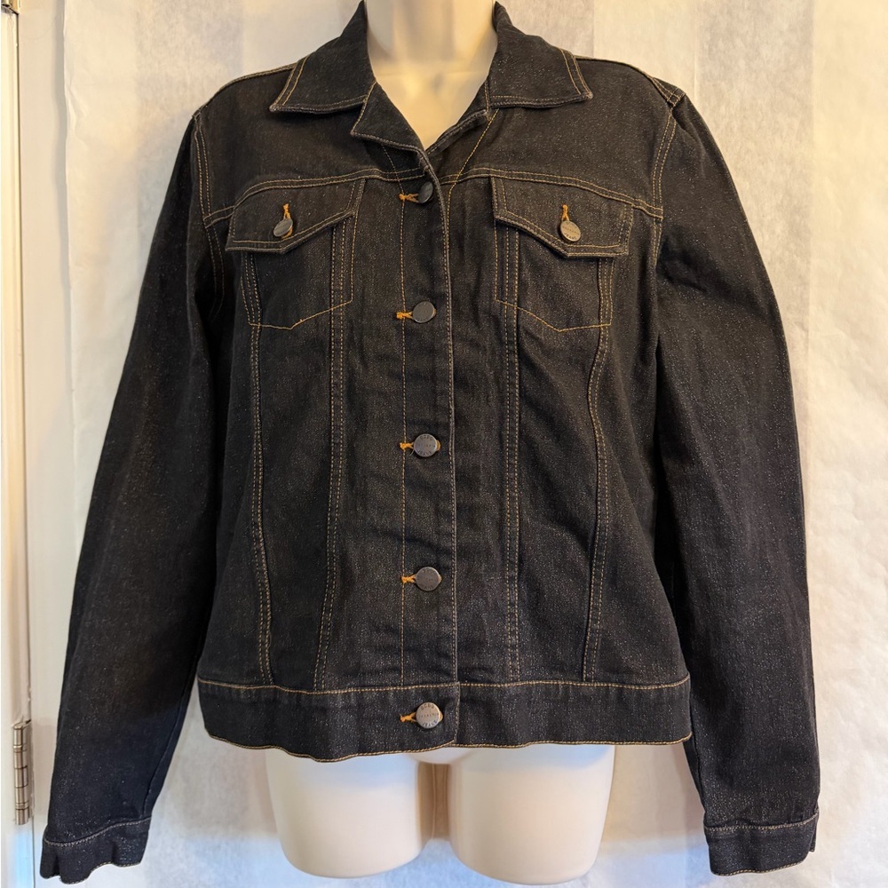 BCBG MAX AZRIA‎ Dark Wash Denim Jean Jacket with Sparkle Sz-L. EE4